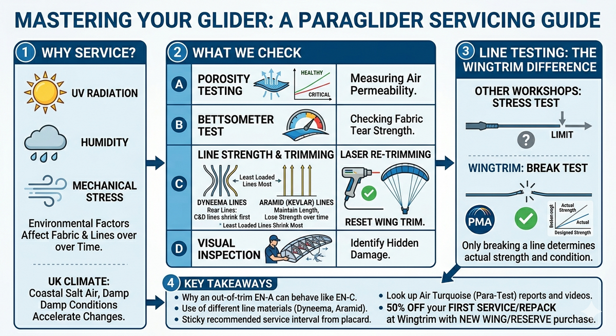 Infographic guide to paraglider servicing and trimming: explaining porosity testing, Bettsometer fabric checks, and the difference between Dyneema and Aramid line shrinkage. Details the Wingtrim break-test method versus standard stress testing.