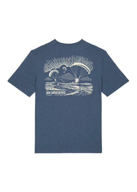 Blue t-shirt with graphic design on a white background