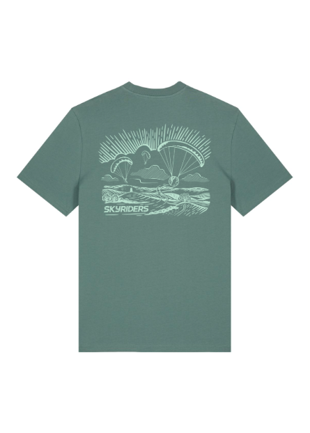 Green t-shirt with a graphic design on a white background
