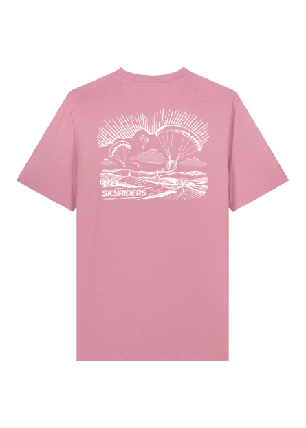 Pink t-shirt with a graphic design on a white background