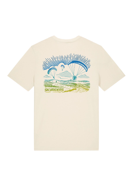 Beige t-shirt with a graphic design on a white background